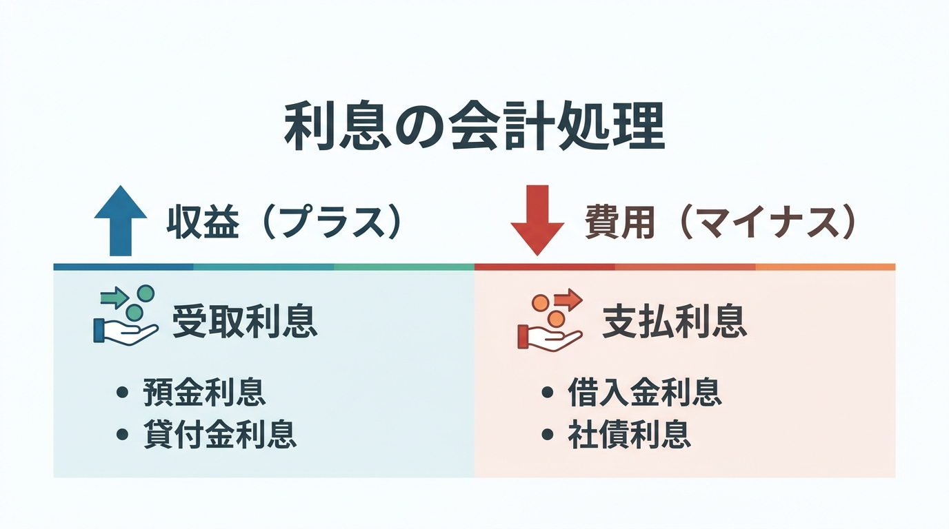 受取利息（収益）と支払利息（費用）の基本的な考え方を対比した図解。企業の財務における利息のプラスとマイナスの側面を視覚的に示している。