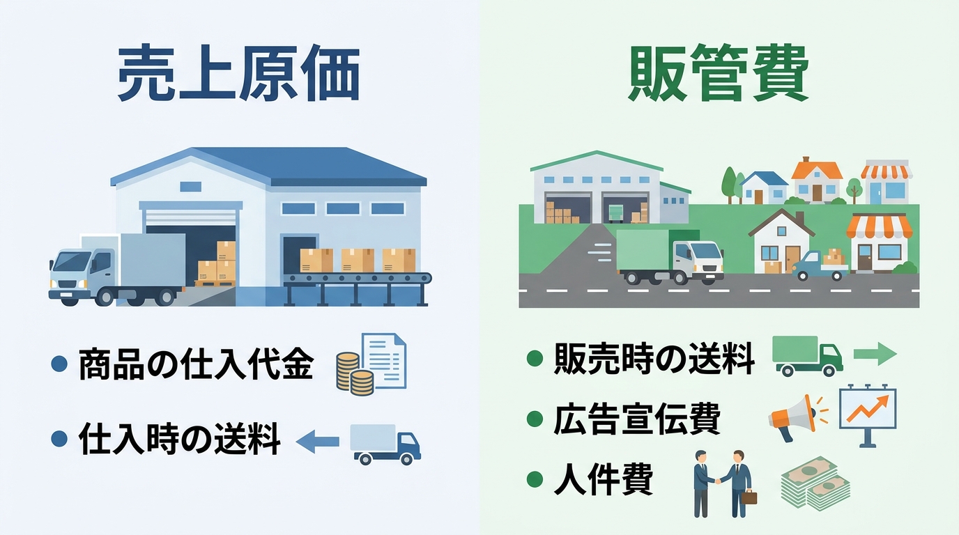 送料が「売上原価」と「販管費」のどちらに分類されるかを示した図解。仕入時の送料は売上原価に、販売時の送料は販管費に含まれる。