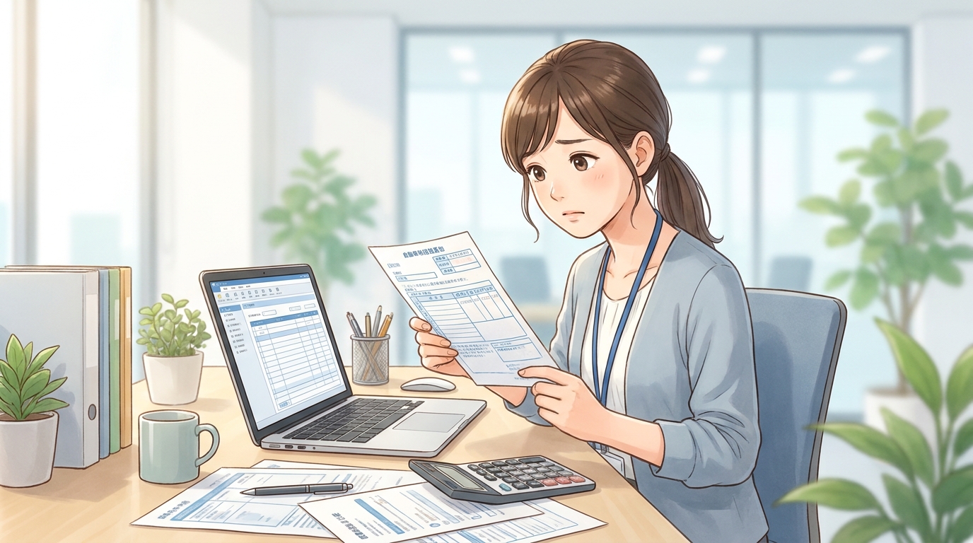 自動車税の勘定科目に悩む経理担当者のイラスト。納税通知書と会計ソフトを見比べている。