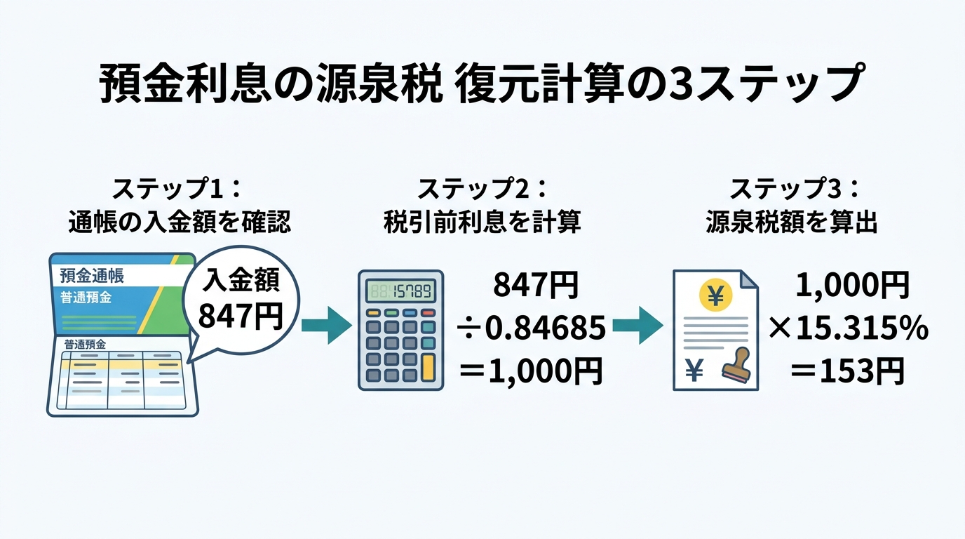 預金利息の源泉徴収税額を割り戻し計算する3つのステップを示した図解。通帳の入金額から税引前利息と源泉税額を算出する具体的なプロセスを解説している。