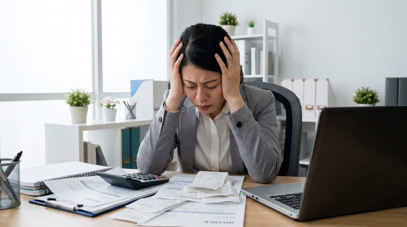 送料の会計処理で間違いやすいポイントについて考え込んでいる経理担当者。