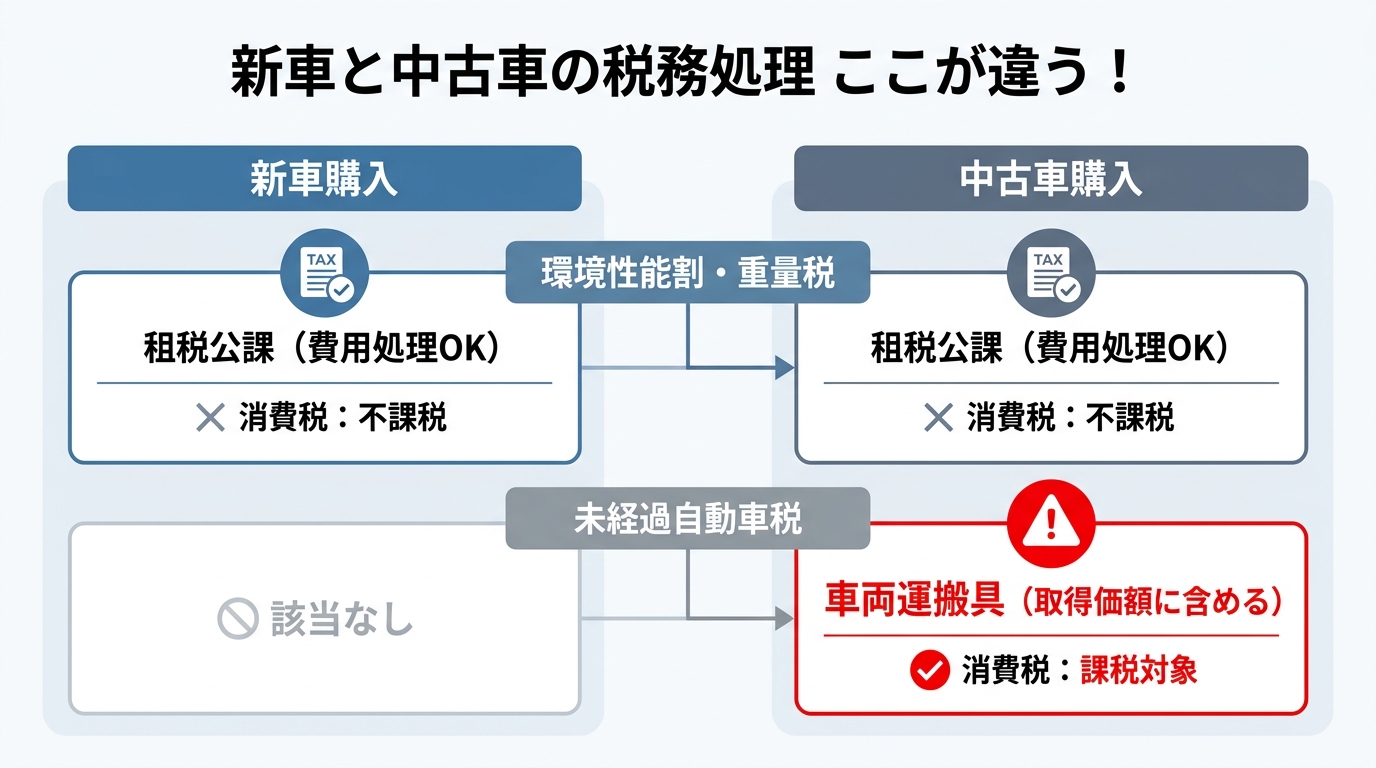 新車購入と中古車購入における税金の会計処理の違いを比較した図解。特に未経過自動車税の扱いの違いを強調している。